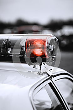 Closeup shot of a police car with bokeh background