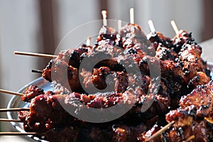 Closeup shot of pork barbecue on wooden sticks on a tray in a blurred background