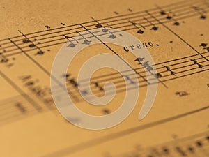 Classical print piano score with Crescendo mark photo