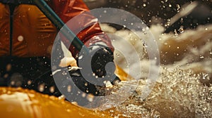 A closeup shot of a rafter gripping paddle tightly as they navigate through rapid turbulent waters facing the