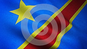 Closeup shot of the realistic flag of the Democratic Republic of Congo with interesting textures