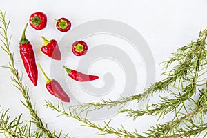 Closeup shot of red chilly peppers and raw rosemary branches on a white background