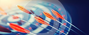 Closeup Shot Of Red Dart Arrows Hitting The Bullseye On A Dark Blue Sky Background Symbolizing Business Target Achievement And