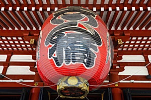 Closeup shot of the red giant lantern hanging at the gate of Sensoji temple in Asakusa, Tokyo, Japan