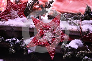 Closeup shot of red star on outdoor Christmas decoration