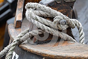 Closeup shot of rigged nautical block rope of the ship