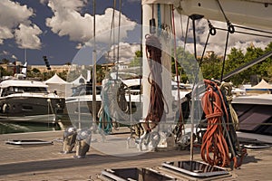 Closeup shot of ropes on the ship in Nautica, Mallorca, Spain photo