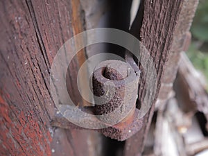 Closeup shot of rusty metal door hinges