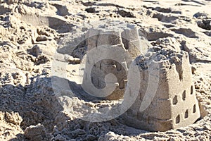 Closeup shot of sand castles taken in California