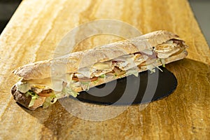 Closeup shot of a sandwich with baguette, chicken and tomato slices and