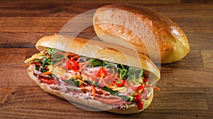 Closeup shot of a sandwich with ham, peppers, greens, cucumber, cheese on a wooden table