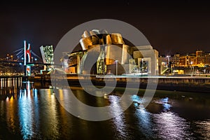 A closeup shot of scenic night cityscape of Bilbao Guggenheim Museum