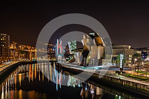 A closeup shot of a scenic night cityscape of Guggenheim Museum