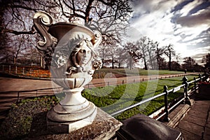 Closeup shot of sculptured vase in the Italian Garden in Kensington, London, UK