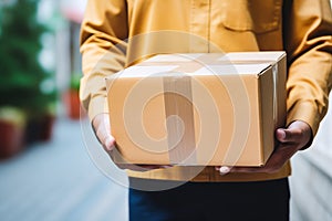 Closeup shot of a sealed cardboard box package with empty space being delivered by a delivery man