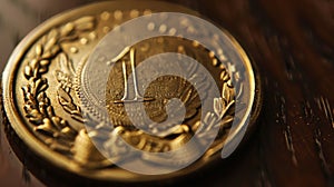 A closeup shot of a shiny gold medal with 1 Year Sober engraved on it photo