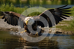 Closeup shot showcases the elegance of an eagles flight and landing