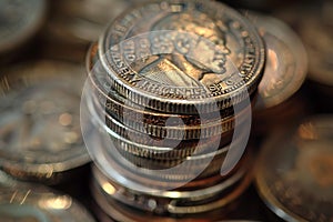 Closeup shot showcasing the intricate details of stacked argentine coins photo