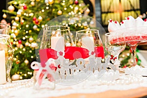 Closeup shot of a silver Mr & Mrs letters on the table with candles