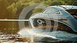 A closeup shot of a sleek and modern biofuel boat ting through the water leaving a small wake behind it. The boat is