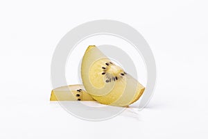 Closeup shot of sliced golden kiwis isolated on white background