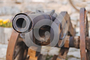 Closeup shot of a small metal canon on the ground