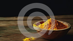 Closeup Shot Of Small Round Wooden Bowl Filled With Bright Colored Orange Turmeric Spice Composed On Shabby Wooden Table