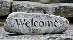 Welcome Sign Carved on Outdoor Stone