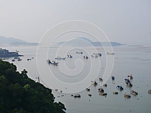 Closeup shot of some boats passing through the seaweed farm at a shoal in Xiapu, Fujian, China