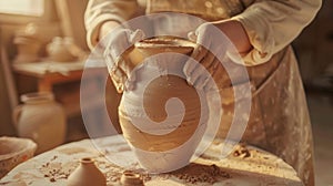 A closeup shot of someones hands carefully molding a slab of clay into a beautiful vase photo