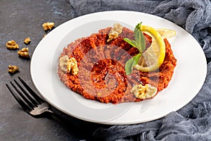 Closeup shot of a spicy dip called Muhammara served with lemon on a white plate, cold appetizer