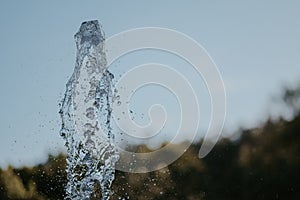 Closeup shot of splashing water in the air with trees on the background