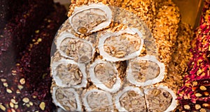 Closeup shot of a stack of traditional Turkish delight sugar-coated candy