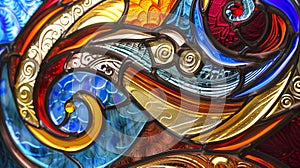 A closeup shot of a stained glass window reveals the intricate details and expert craftsmanship of the swirling designs