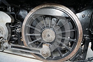 Closeup shot of a steam locomotive wheel