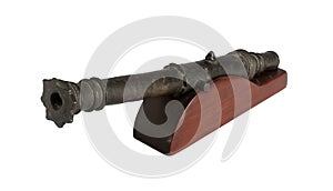 Closeup shot of a steel cannon isolated on a white background