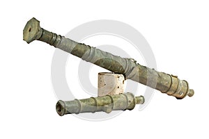 Closeup shot of a steel cannon isolated on a white background