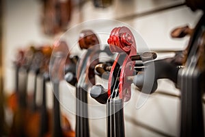 Closeup shot of the strings of violins