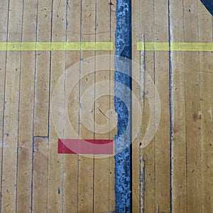 Closeup shot of the surface of an old basketball court floor