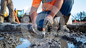 A closeup shot of a technician measuring the consistency of the concrete mix with a slump cone photo