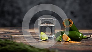 Closeup shot of a tequila shot with spicy pepper slices