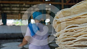 Closeup shot of tortillas in Casabe Factory, made with Yuca (Cassava) in Dominican Republic