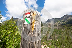 Detailný záber značiek prehliadkovej trasy vo Veľkej Studenej doline, Slovensko