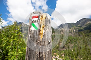 Closeup shot of tour route signs in the Great Cold Valley, Slovakia