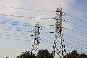 Closeup shot of two electrical towers connected with cords