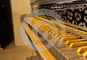Closeup shot of a unique grand piano keyboard.