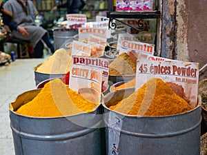 Closeup shot of various spices being sold in the Moroccan bazaar