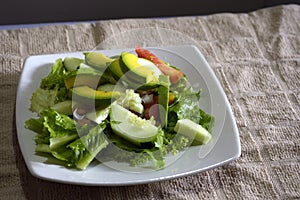 Closeup shot of a vegetable salad with lettuce, cucumbers, and avocadoes on a white plate