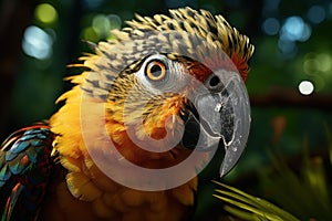Closeup shot of a vibrant parrot perched upon a tree branch in a lush forest, AI-generated.