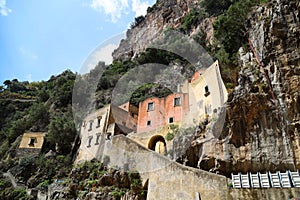 Closeup shot of a village Furore, on the Amalfi coast,Italy, with houses built in the rocky mountain